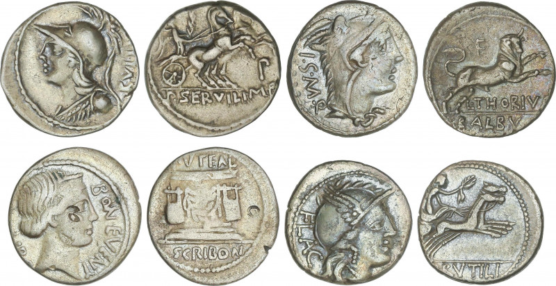 Lote 4 monedas Denario. THORIA, RUTILIA, SCRIBONIA, SERVILIA. AR. Pátina. A EXAM...