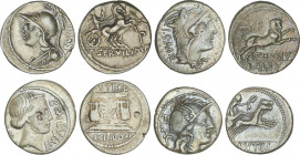 Lote 4 monedas Denario. THORIA, RUTILIA, SCRIBONIA, SERVILIA. AR. Pátina. A EXAMINAR. FFC-1096, 1102, 1118, 1141. MBC- a MBC.