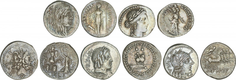 Lote 5 monedas Denario. FANNIA, FONTEIA, FURIA, HOSTILIA (2). AR. Pátina. A EXAM...