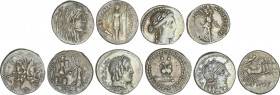 Lote 5 monedas Denario. FANNIA, FONTEIA, FURIA, HOSTILIA (2). AR. Pátina. A EXAMINAR. FFC-705, 717, 730, 756, 757. MBC- a MBC.