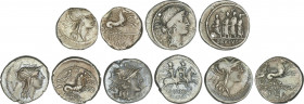 Lote 5 monedas Denario. 149-54 a.C. JUNIA. AR. Pátina. A EXAMINAR. FFC-776, 789 (3), 794. BC+ a MBC.