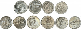 Lote 5 monedas Denario. LUCRETIA, LUTATIA, MARCIA (2), NONIA. AR. Pátina. A EXAMINAR. FFC-822, 828, 852, 868, 941. MBC- a MBC+.