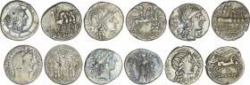 Lote 6 monedas Denario. ACILIA (2), AEMILIA, ANNIA, ANTESTIA (2). AR. Pátina. A EXAMINAR. FFC-93, 96, 126, 134, 147, 151. BC+ a MBC.