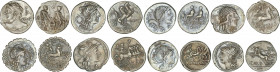 Lote 8 monedas Denario. AURELIA, CAESIA, CALIDIA, CALPURNIA, CLAUDIA, CLOULIA, COELIA, CORNELIA. AR. A EXAMINAR. MBC- a MBC+.