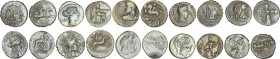 Lote 10 monedas Denario. PAPIRIA, PLAUTIA (2), POBLICIA (2), PORCIA (2), PROCILIA, QUINCTIA, ROSCIA. AR. A EXAMINAR. BC+ a MBC.