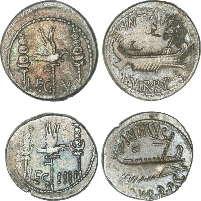 Lote 2 monedas Denario. Acuñadas el 32-31 a.C. MARCO ANTONIO. AR. Águila legiona...