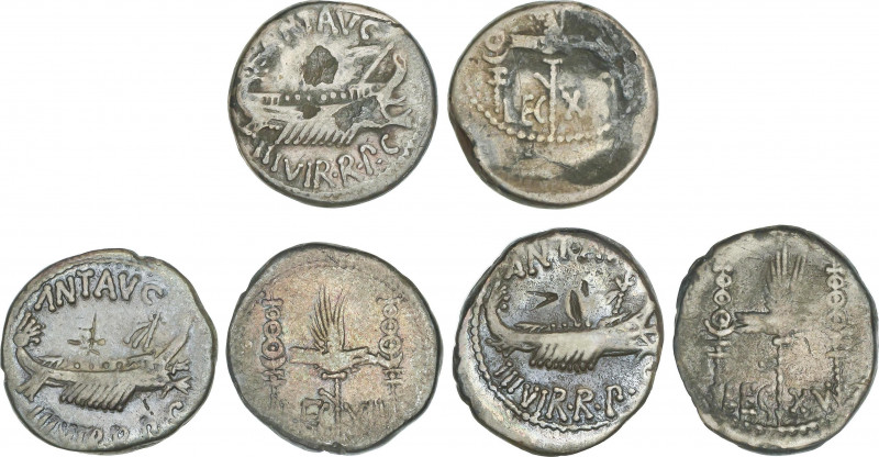 Lote 3 monedas Denario. Acuñadas el 32-31 a.C. MARCO ANTONIO. AR. Águila legiona...