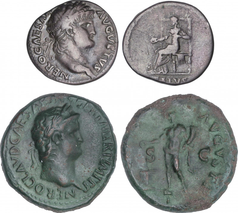 Lote 2 monedas Denario y As. Acuñadas el 54-68 d.C. NERÓN. Rev.: SALVS y GENIO A...