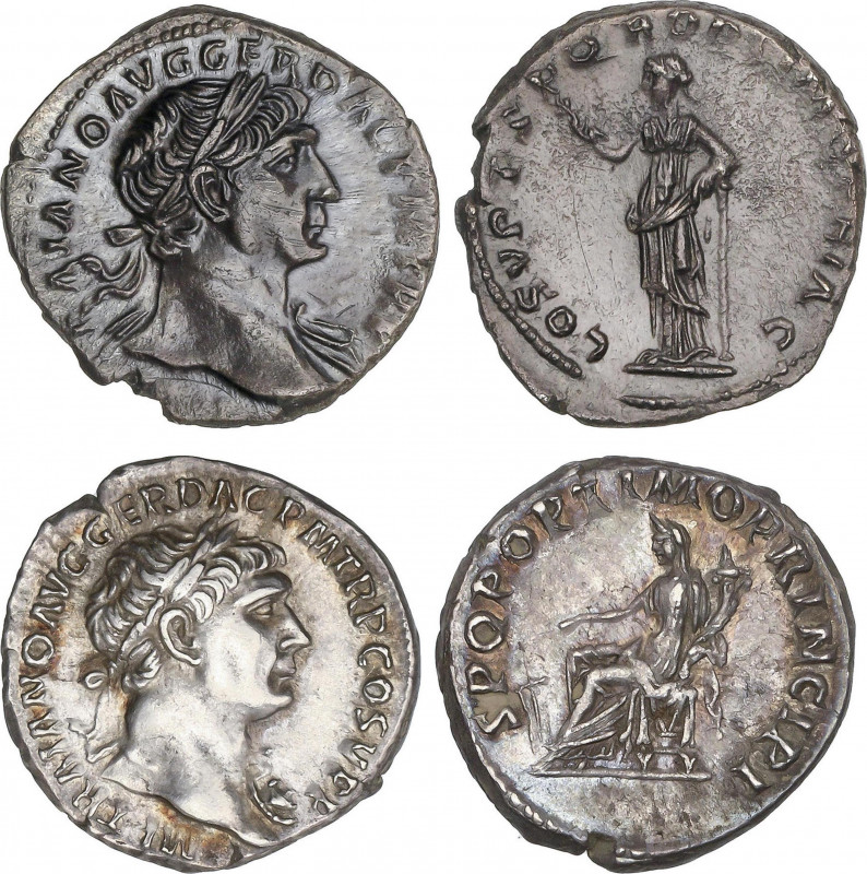 Lote 2 monedas Denario. Acuñadas el 103-112 d.C. TRAJANO. Rev.: COS. V. P. P. S....
