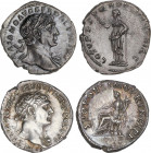 Lote 2 monedas Denario. Acuñadas el 103-112 d.C. TRAJANO. Rev.: COS. V. P. P. S. P. Q. R. OPTIMO PRINC. Paz a izquierda apoyada en columna sosteniendo...