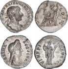 Lote 2 monedas Denario. Acuñadas el 117-138 d.C. ADRIANO y SABINA. Rev.: La de Adriano: P. M. TR. P. COS. III. Roma sentada sobre corazas a izquierda ...