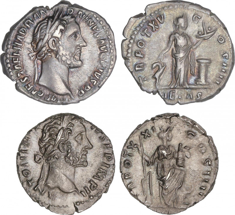 Lote 2 monedas Denario. Acuñadas el 151-158 d.C. ANTONINO PÍO. Rev.: PIETAS en e...