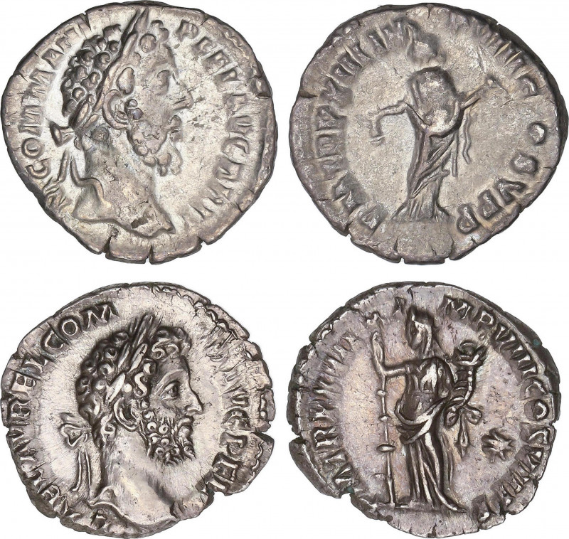Lote 2 monedas Denario. Acuñadas el 186-192 d.C. CÓMODO. Rev.: P. M. TR. P. XIII...