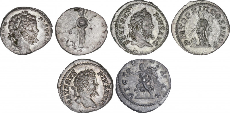Lote 3 monedas Denario. Acuñadas el 195-210 d.C. SEPTIMIO SEVERO. Rev.: P. M. TR...