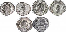 Lote 3 monedas Denario. Acuñadas el 195-210 d.C. SEPTIMIO SEVERO. Rev.: P. M. TR. P. III COS. II P. P. Minerva en pie a izquierda con lanza y escudo, ...