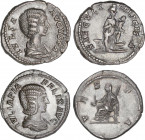 Lote 2 monedas Denario. Acuñadas el 196-211 d.C. JULIA DOMNA. Rev.: SAECVLI FELICITAS. Isis en pie a derecha con el pie sobre una quilla, acunando al ...
