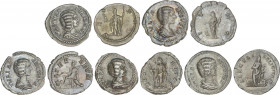 Lote 5 monedas Denario. Acuñadas el 196-211 d.C. JULIA DOMNA. AR. Todas diferentes. A EXAMINAR. MBC+ a EBC-.