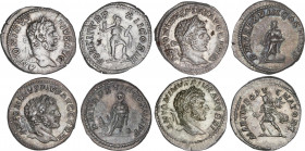 Lote 4 monedas Denario. Acuñadas el 210-217 d.C. CARACALLA. AR. Reversos: MARTI PROPUGNATORI. Marte a izquierda con trofeo, (2x) P.M.TR.P.XVIII.COS.II...