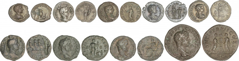 Lote 9 monedas Semis a Denario. Acuñadas el 199-212 d.C. GETA. AE y AR. A EXAMIN...