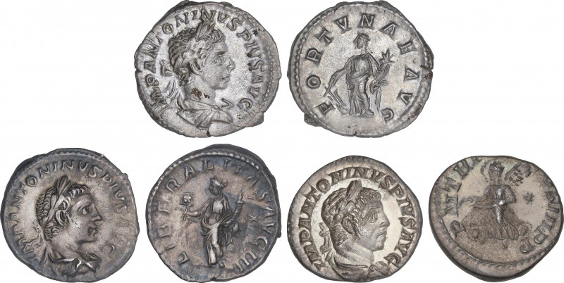 Lote 3 monedas Denario. Acuñadas el 218-222 d.C. HELIOGÁBALO. AR. FORTVNAE AVG, ...