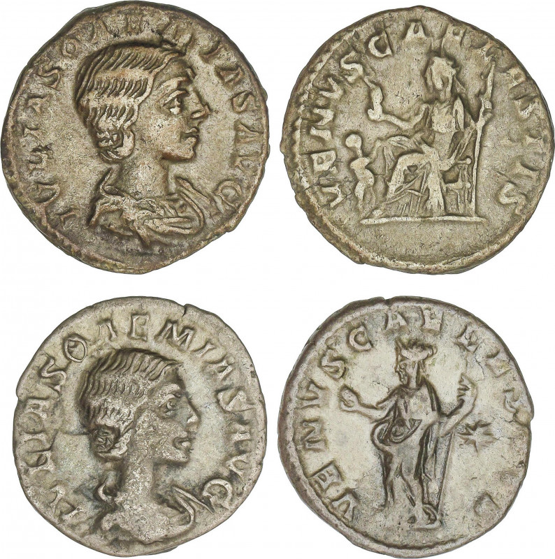 Lote 2 monedas Denario. Acuñadas el 222 d.C. JULIA SOEMIAS. AR. Reversos: 2x VEN...