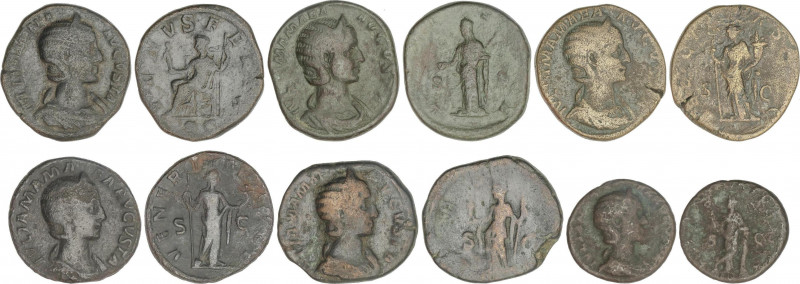 Lote 6 monedas As y Sestercio (5). Acuñadas el 235 d.C. JULIA MAMAEA. AE. Difere...