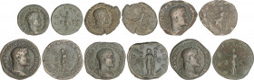Lote 6 monedas As, Dupondio y Sestercio (4). Acuñadas el 236-238 d.C. MAXIMINO I. AE. Diferentes. A EXAMINAR. BC+ a MBC.