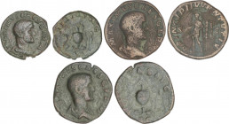 Lote 3 monedas As y Sestercio (2). Acuñadas el 236-238 d.C. MÁXIMO. AE. Reversos de los sestercios: PIETAS AVG. S. C. Instrumentos sacerdotales y PRIN...