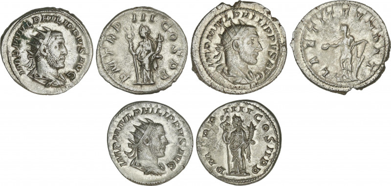 Lote 3 monedas Antoniniano. Acuñadas el 244-247 d.C. FILIPO I. Rev.: LAETIT FVND...