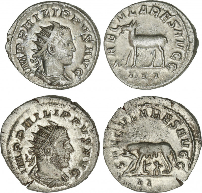 Lote 2 monedas Antoniniano. Acuñadas el 248 d.C. FILIPO I. Rev.: SAECULARES AVGG...