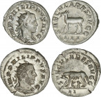 Lote 2 monedas Antoniniano. Acuñadas el 248 d.C. FILIPO I. Rev.: SAECULARES AVGG Loba amamantando a izquierda, SAECULARES AVGG Gacela a izquierda. AR....