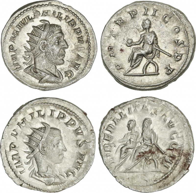 Lote 2 monedas Antoniniano. Acuñadas el 247-249 d.C. FILIPO II. Rev.: LIBERALITA...
