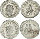 Lote 2 monedas Antoniniano. Acuñadas el 247-249 d.C. FILIPO II. Rev.: LIBERALITAS AVGG III. Filipo I y II sentados a izquierda sobre sillas curules y ...