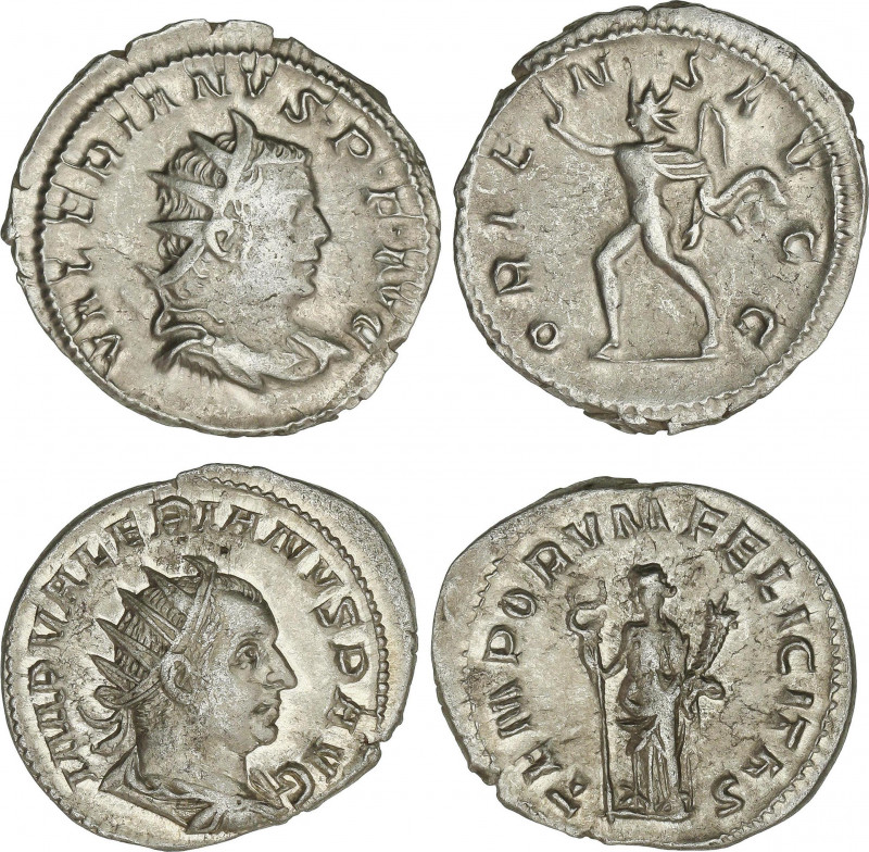 Lote 2 monedas Antoniniano. Acuñada el 253-260 d.C. VALERIANO I. Rev.: ORIENS AV...