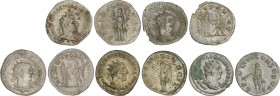 Lote 5 monedas Antoniniano. Acuñadas el 253-260 d.C. VALERIANO I. AE y Ve. Todos los reversos diferentes. A EXAMINAR. MBC+ a EBC-.