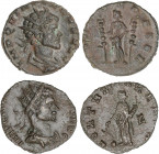 Lote 2 monedas Antoniniano. Acuñadas el 270 d.C. QUINTILO. Rev.: CONCORD. EXER. Concordia a izquierda con dos estandartes y FORTVNA REDVX. Fortuna con...