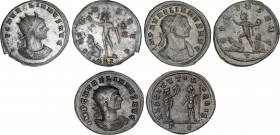 Lote 3 monedas Antoniniano. Acuñadas el 270-275 d.C. AURELIANO. Rev.: ORIENS AVG. En exergo XXXI. Sol en pie a izquierda con globo a sus pies un cauti...