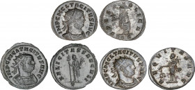 Lote 3 monedas Antoniniano. Acuñadas el 275-276 d.C. TÁCITO. Ve. Reversos: AEQUITAS AVG., FELICITAS SAECVLI y SPES PVBLICA. Restos de brillo original....