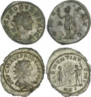 Lote 2 monedas Antoniniano. Acuñadas el 276-282 d.C. PROBO. Rev.: COMES AVG. Minerva en pie a izquierda en campo A. CLEMENTIA TEMP. Probo de frente a ...
