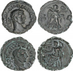 Lote 2 monedas Tetradracma. Acuñadas el 294-305 d.C. DIOCLECIANO. ALEJANDRÍA. Anv.: Busto laureado a derecha, alrededor leyenda. Rev.: Zeus sentado a ...