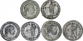 Lote 3 monedas Follis. Acuñadas el 286-310 d.C. GALERIO MAXIMIANO. HERACLEA (2) y SALONICA. Rev.: GENIO POPVLI ROMANI. Genio a izquierda, en exergo: H...