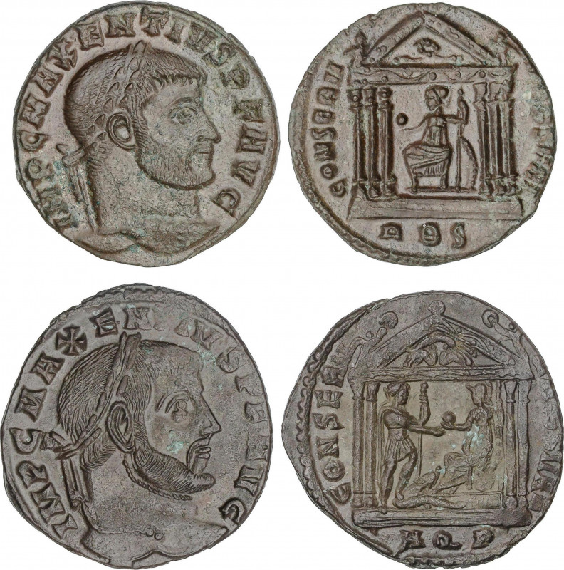 Lote 2 monedas Follis. Acuñadas el 307-310 d.C. MAJENCIO. AQUILEIA. Anv.: IMP. C...