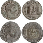Lote 2 monedas Follis. Acuñadas el 307-310 d.C. MAJENCIO. AQUILEIA. Anv.: IMP. C. MAXENTIVS P. F. AVG. Busto a derecha. Rev.: CONSERV. VRB. SVAE. En e...