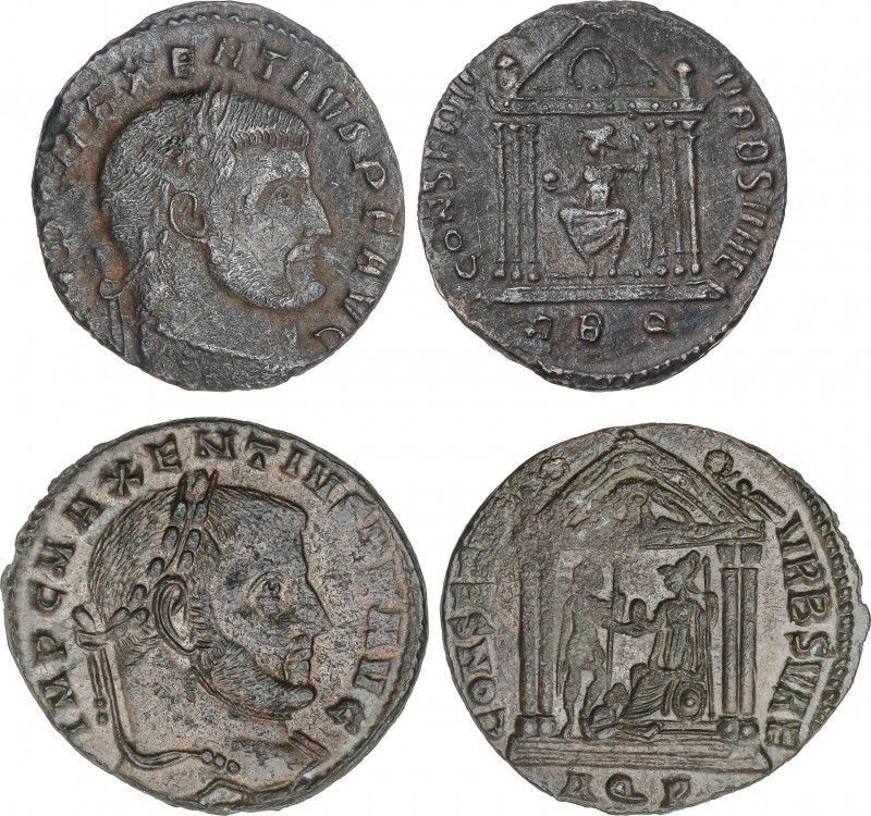Lote 2 monedas Follis. Acuñadas el 307-310 d.C. MAJENCIO. Rev.: CONSERV. VRB. SV...