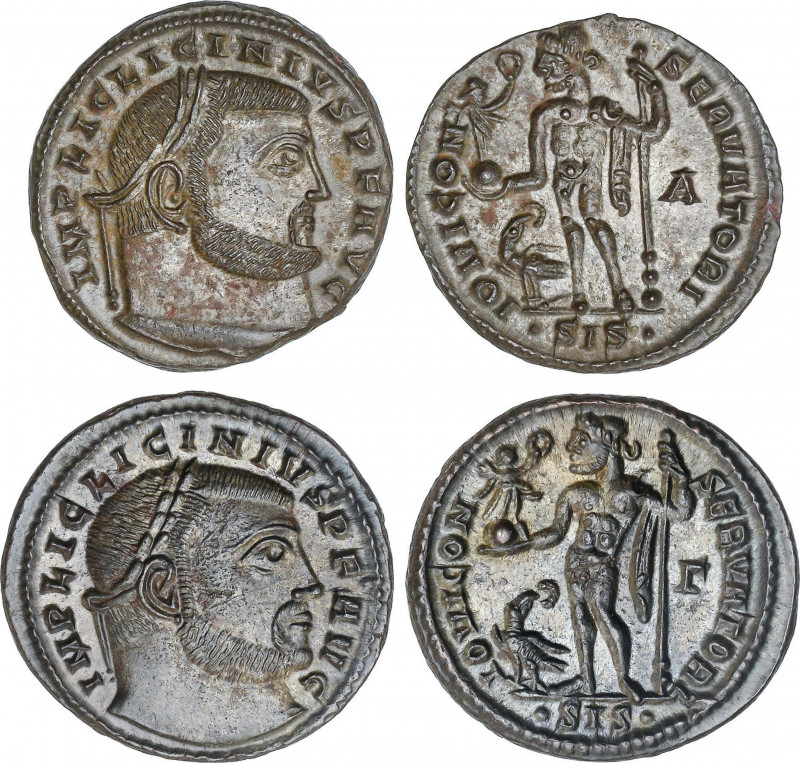Lote 2 monedas Follis 19 mm. Acuñadas el 317-320 d.C. LICINIO. SISCIA. Rev.: IOV...