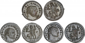 Lote 3 monedas Follis 19 mm. Acuñadas el 317-320 d.C. LICINIO. SISCIA. Rev.: IOVI CONSERVATORI. Júpiter en pie a izquierda, portando cetro y Victoria,...
