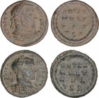 Lote 2 monedas Follis 19 mm. Acuñadas el 318-319 d.C. LICINIO. TESALONICA. ESCASAS. Anv.: IMP. LICINIVS AVG. Busto acorazado a derecha. Rev.: VOT.XX/ ...