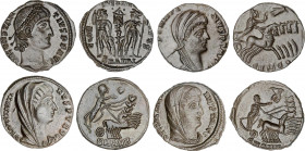 Lote 4 monedas 1/2 Centenional. Acuñadas el 306-337 d.C. CONSTANTINO I. Rev.: (1x) GLORIA EXERCITVS y (3x) Constantino en cuadriga a derecha. AE. A EX...