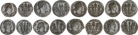Lote 8 monedas 1/2 Centenional. Acuñadas el 330-331 d.C. CONSTANTINO I. Rev.: GLORIA EXERCITVS. Dos soldados de pie con sendos estandartes. Varios exe...
