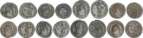 Lote 8 monedas Follis 19 mm. Acuñadas el 306-337 d.C. CONSTANTINO I. Rev.: (2x) DN.CONSTATINI MAX.AVG. VOT.XX., (1x) FEL.TEMP.REPARATIO y (5x) SOLI IN...